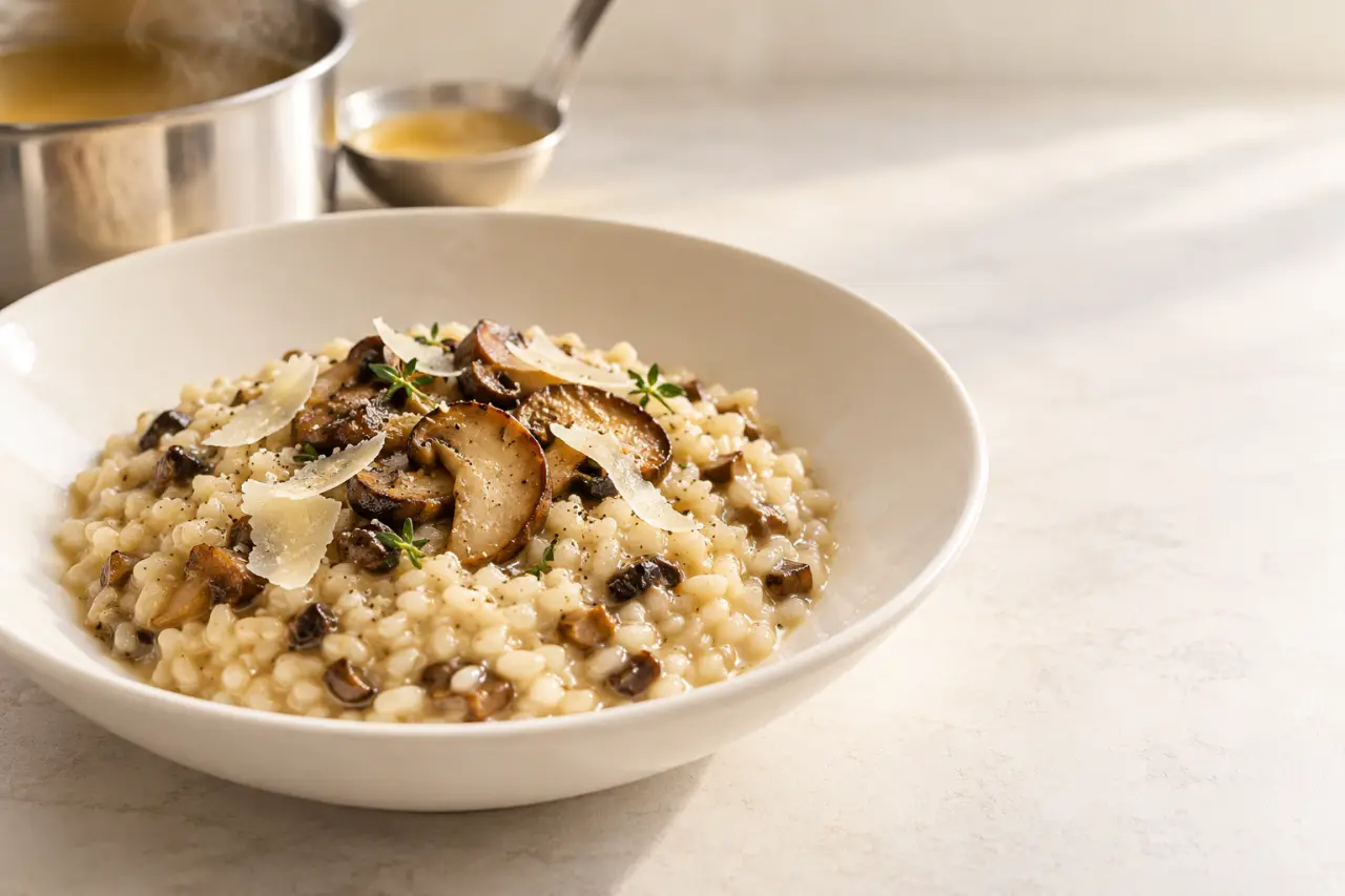 Cuisson risotto crémeux avec grains al dente dans une assiette creuse