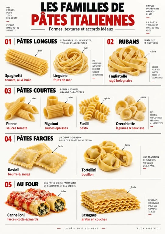 Infographie des principales pâtes italiennes et des sauces recommandées