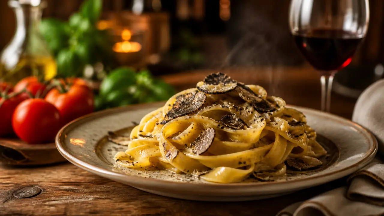 Assiette de tagliatelles fraîches à la truffe sur table en marbre sombre