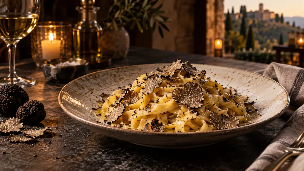 Assiette de tagliatelles à la truffe noire sur une table élégante