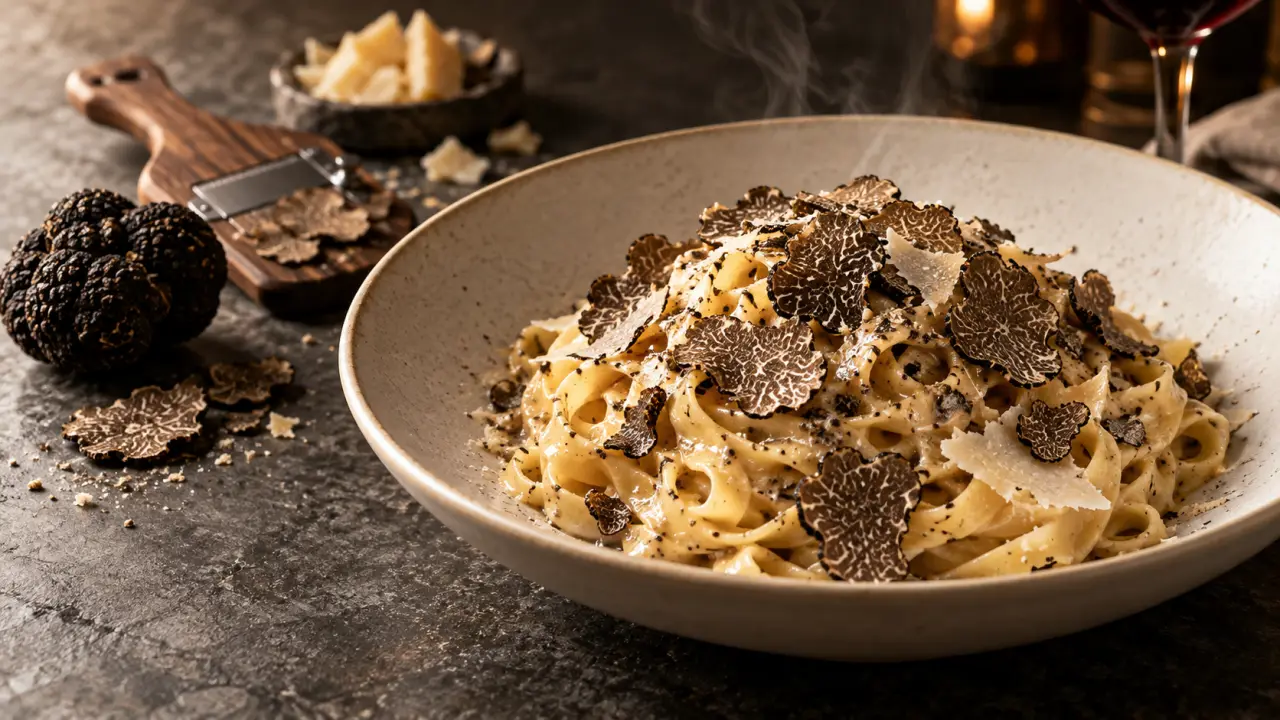Assiette de tagliatelles fraîches à la truffe noire sur une table élégante