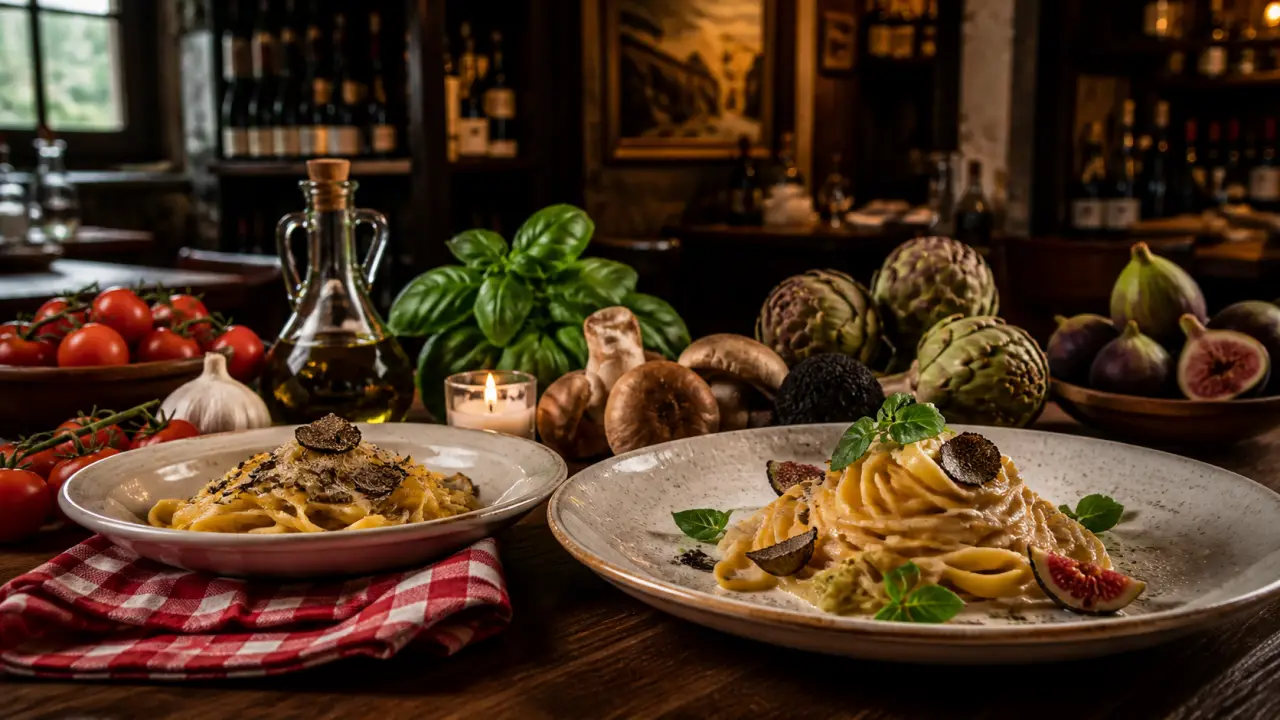 Assiette de pâtes fraîches aux copeaux de truffe, mise en scène élégante sur marbre sombre