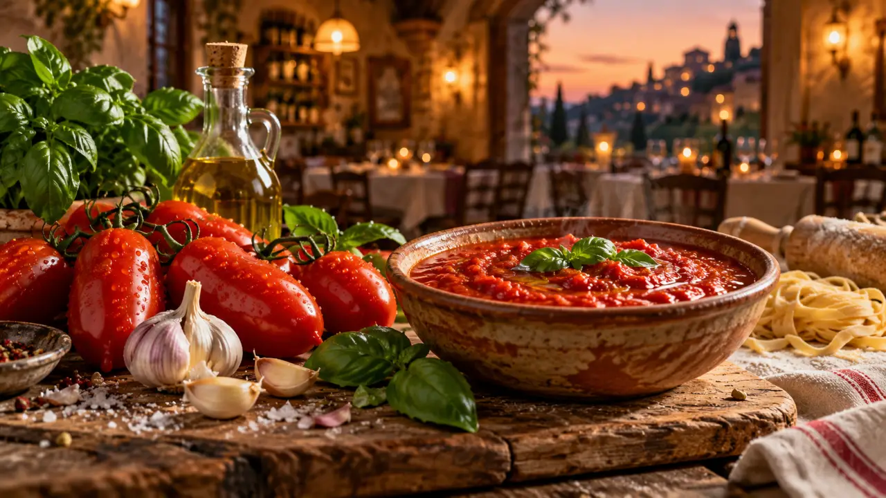Assiette de pâtes nappées d'une sauce tomate italienne, avec basilic frais