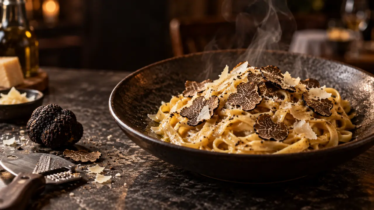 Assiette de tagliatelles fraîches à la truffe noire sur une table élégante