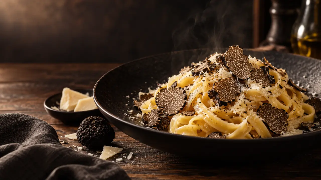 Tagliatelles fraîches garnies de truffe noire dans une assiette élégante