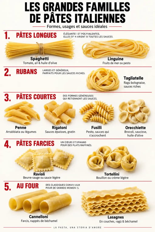 Infographie des principales pâtes italiennes et des sauces recommandées