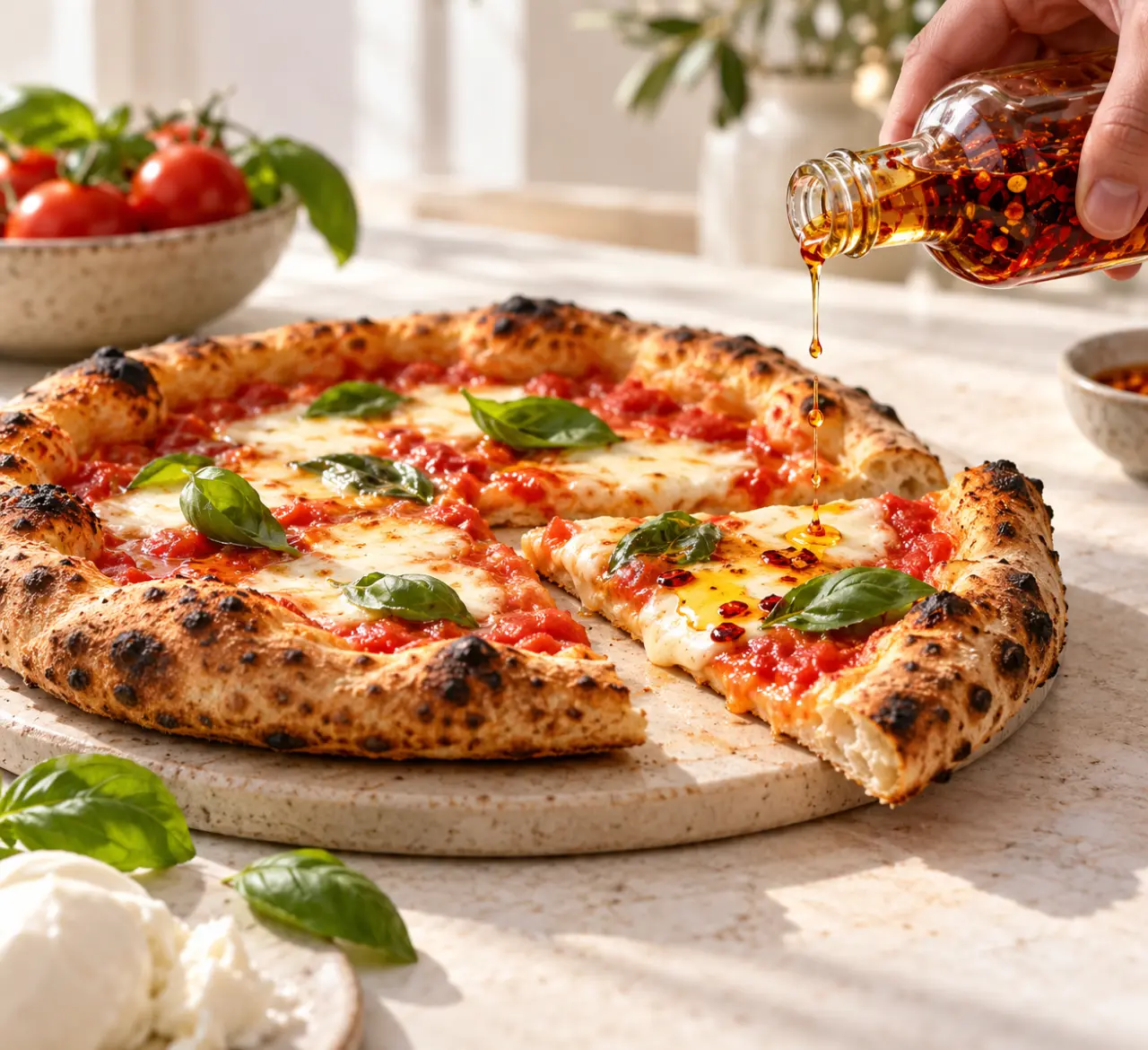 Recette d'huile piquante pour pizza italienne servie avec une pizza margherita