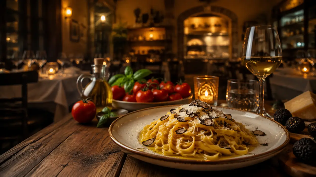 Assiette de pâtes fraîches aux copeaux de truffe, éclairage dramatique et table élégante