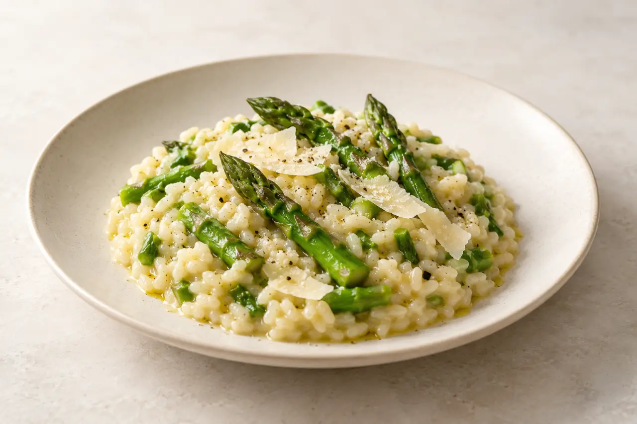 Risotto au asperge crémeux avec pointes d’asperges vertes et parmesan