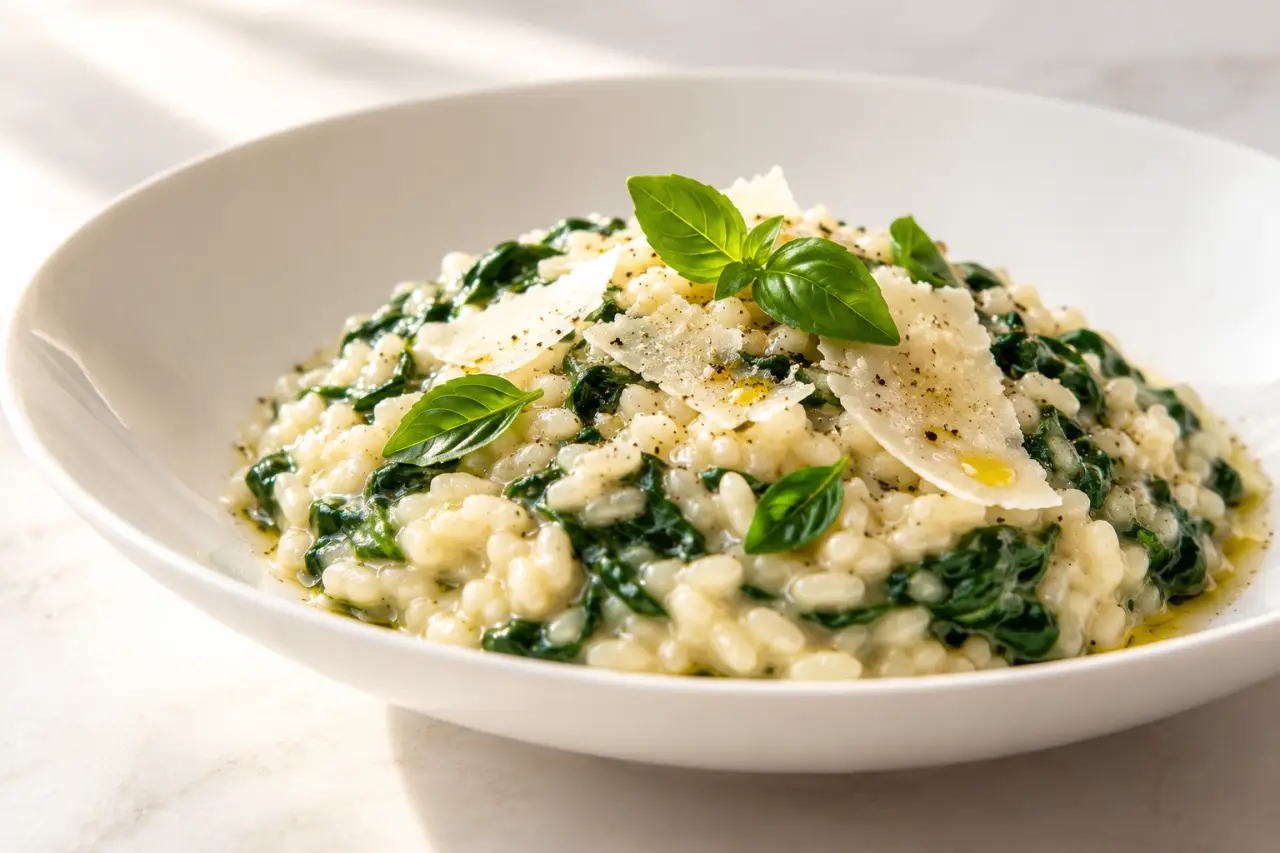 Risotto épinard crémeux au parmesan servi dans une assiette