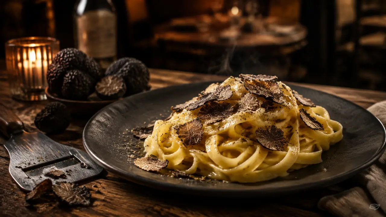 Assiette de tagliatelles fraîches à la truffe noire sur une table en marbre sombre