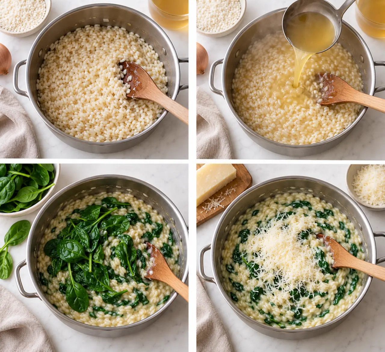 Étapes de préparation d’un risotto épinard avec bouillon et parmesan