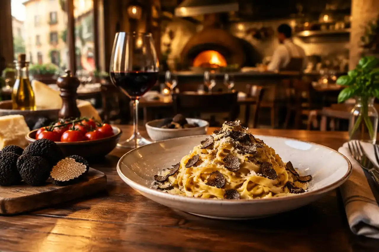 Assiette de pâtes fraîches à la truffe dans une ambiance de trattoria italienne