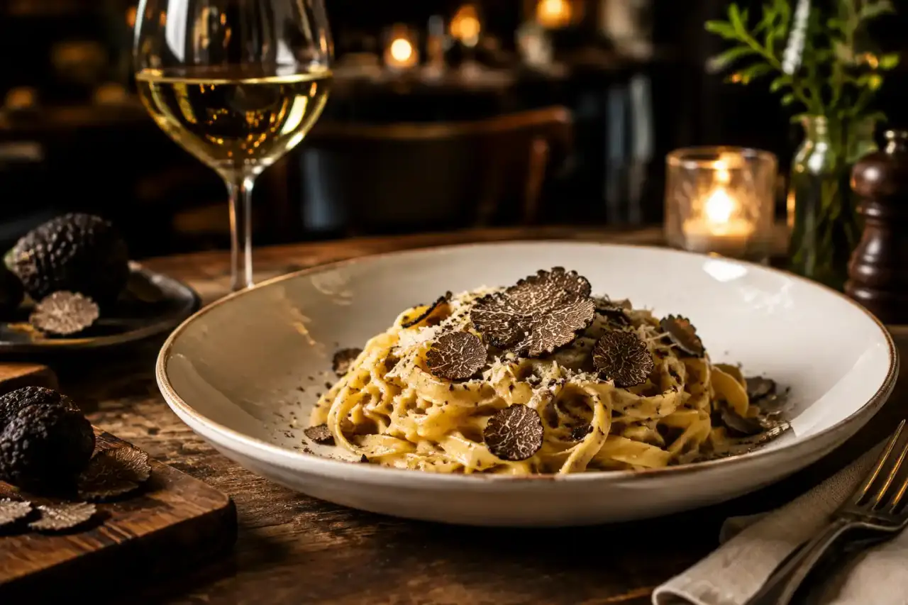 Tagliatelles fraîches à la truffe noire servies dans une assiette élégante chez Alfedo