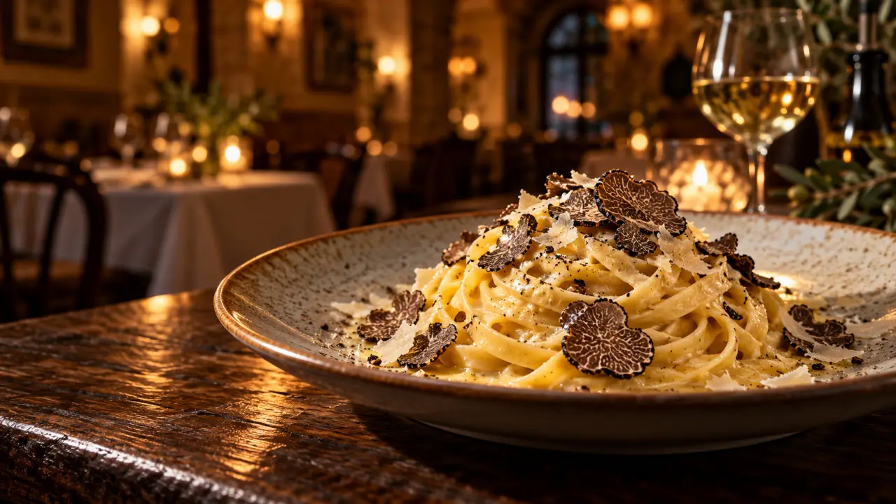 Tagliatelles fraîches à la truffe noire dressées dans une assiette élégante