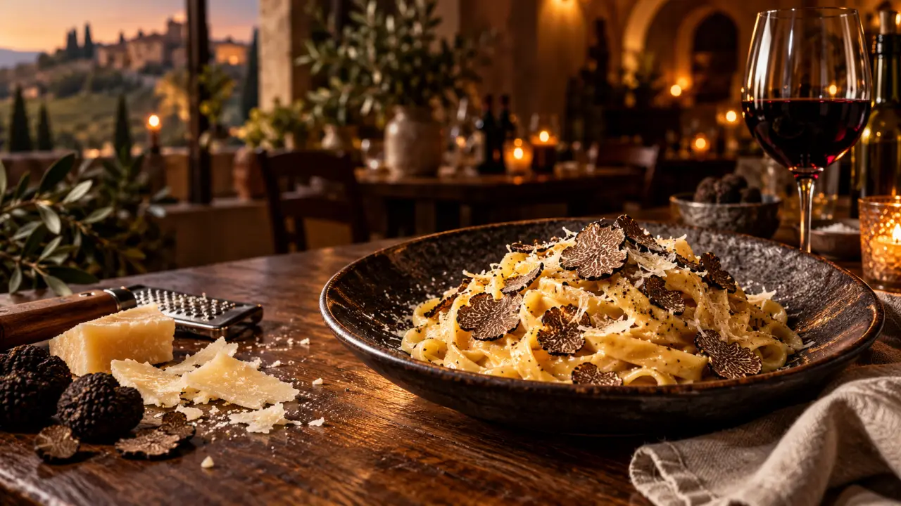 Assiette de pâtes fraîches à la truffe noire sur une table en marbre sombre
