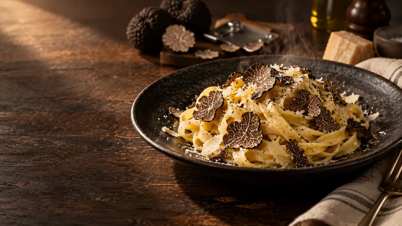 Assiette de tagliatelles fraîches garnies de truffe noire sur une table en marbre sombre