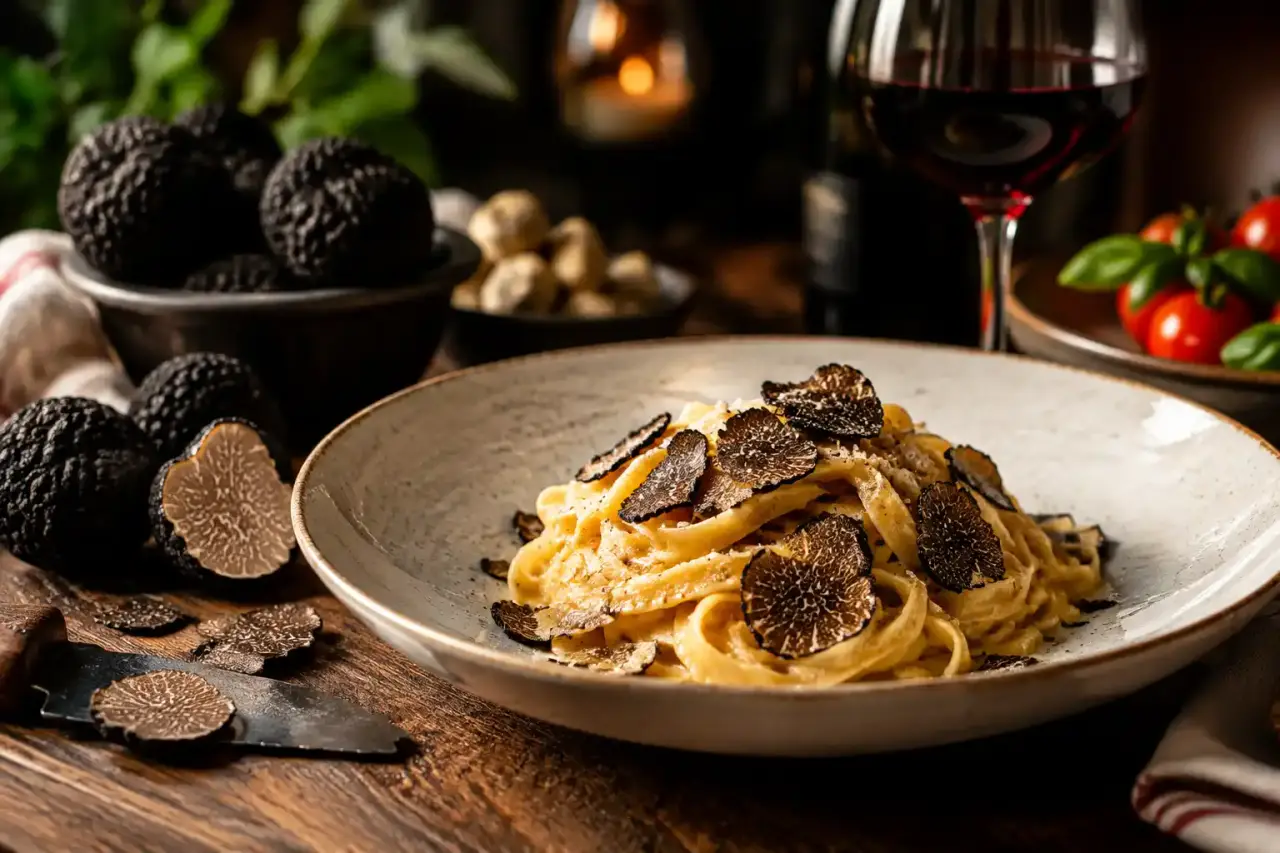 Assiette de tagliatelles fraîches avec truffe noire râpée, dans l’esprit d’une table italienne élégante