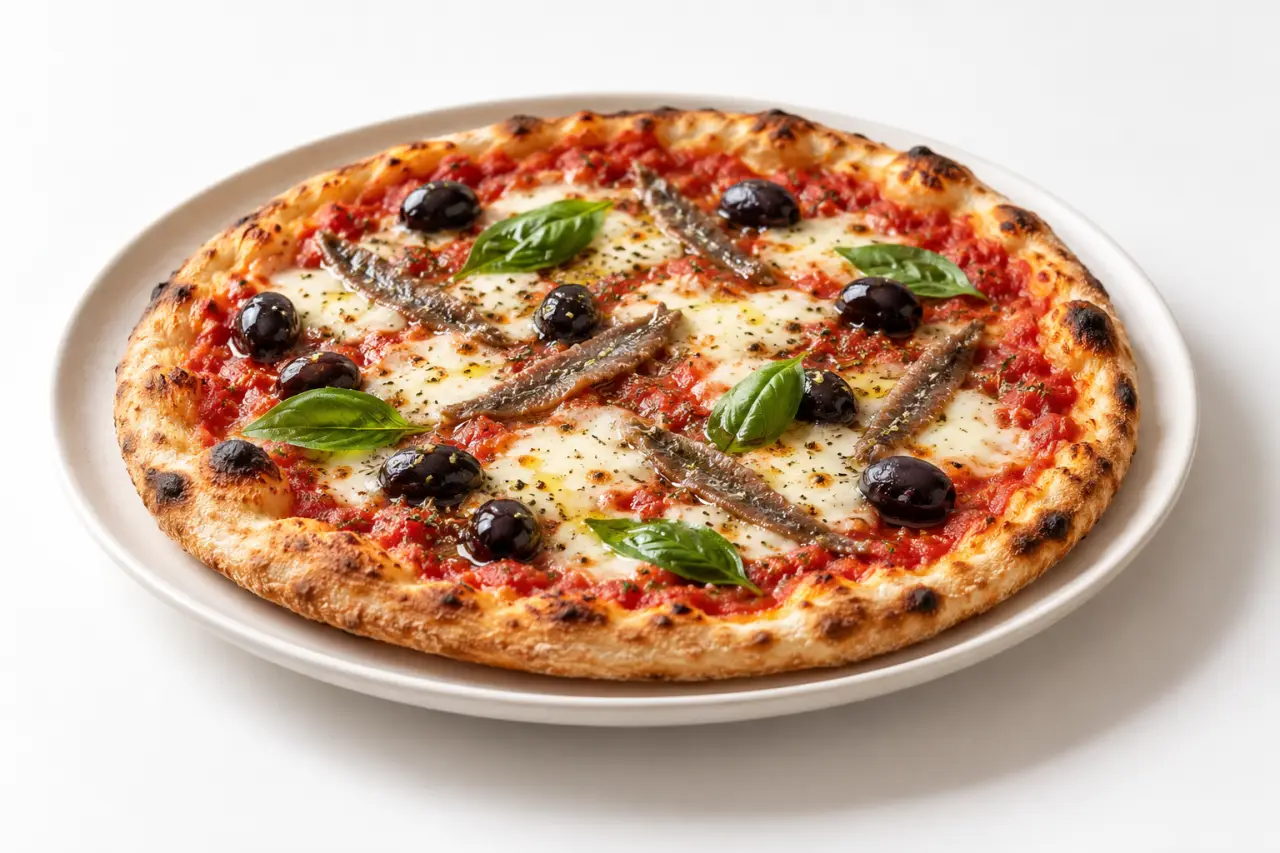 Pizza anchois recette italienne avec mozzarella, olives et basilic