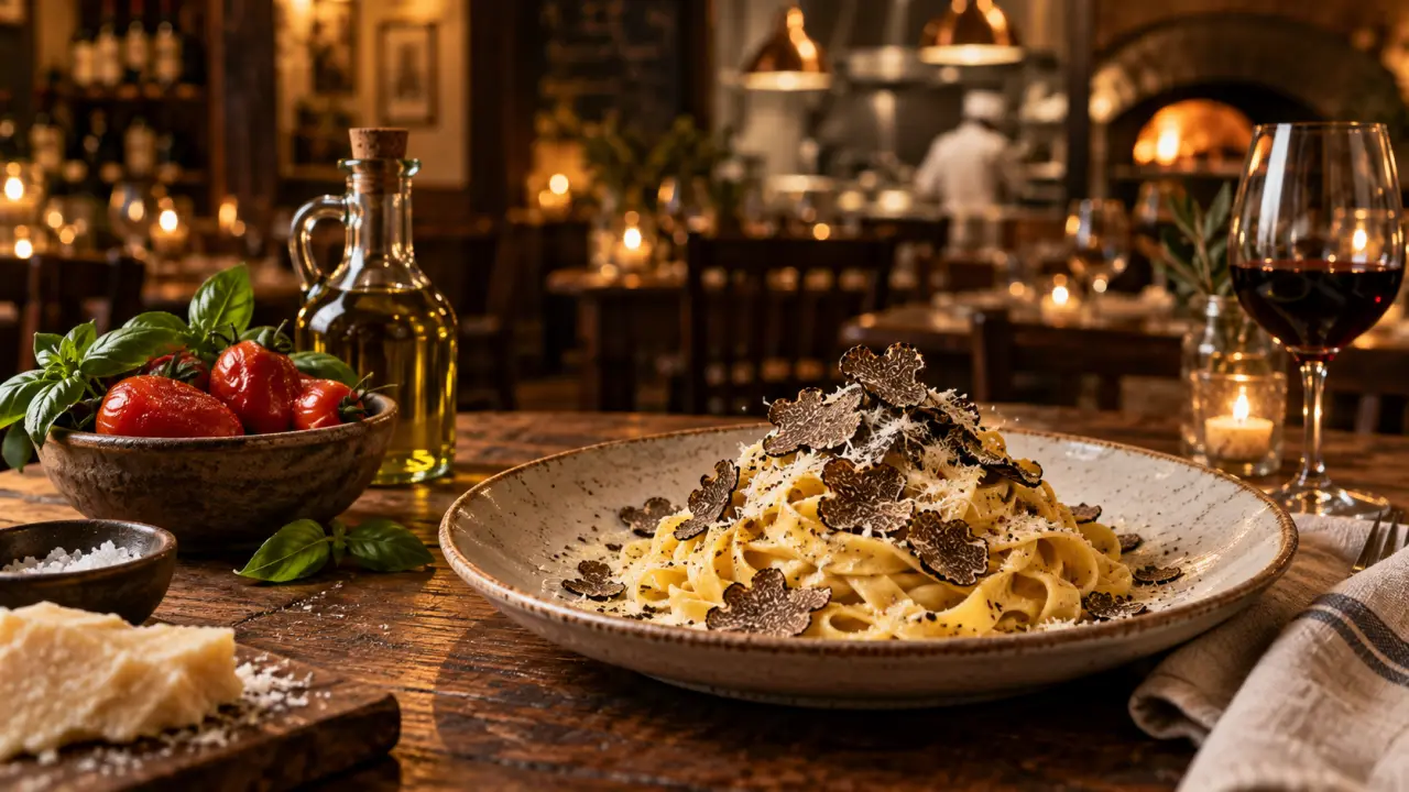 Tagliatelles fraîches à la truffe noire sur une table élégante