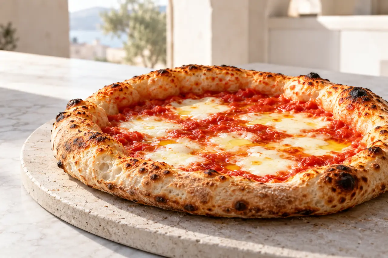 Pâte à pizza levure fraîche italienne cuite avec une bordure gonflée et croustillante
