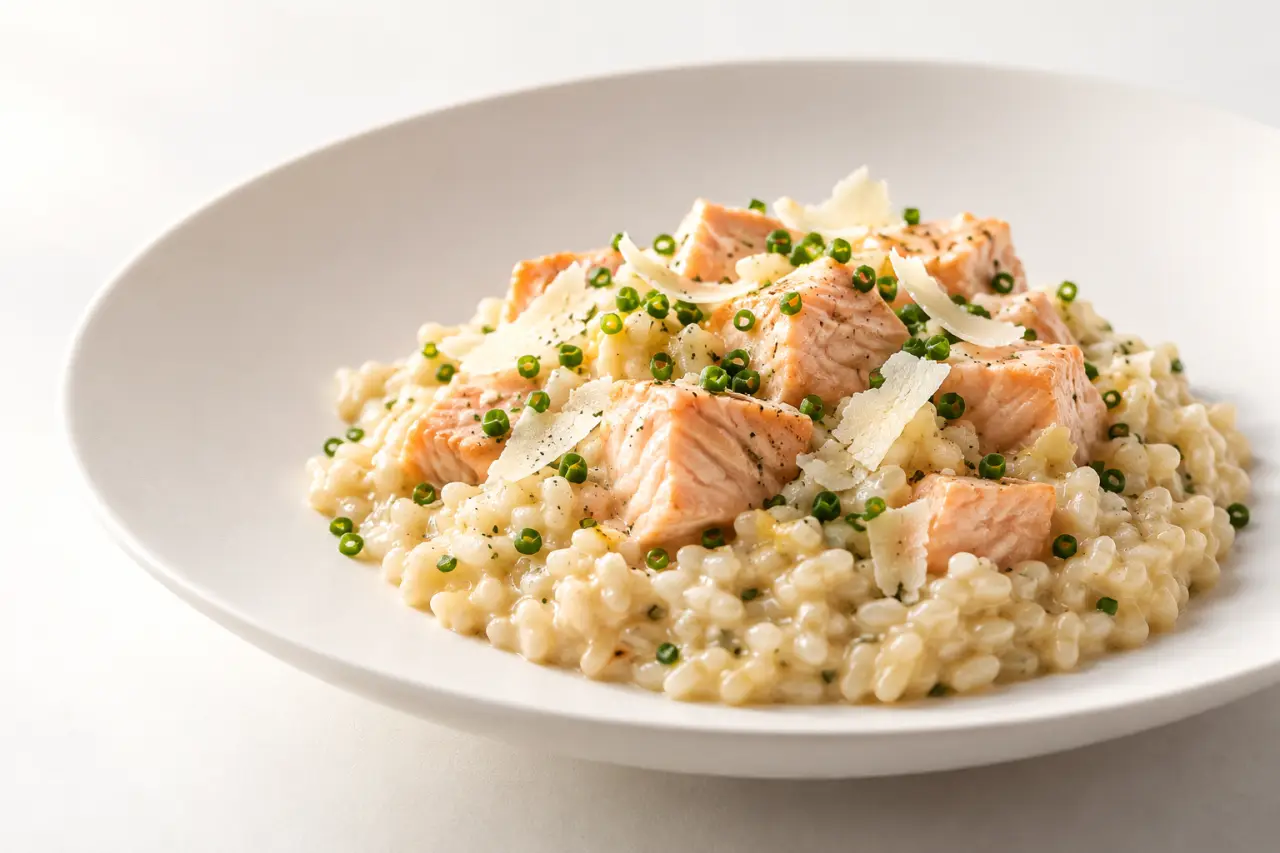 Risotto saumon crémeux avec cubes de saumon frais et ciboulette