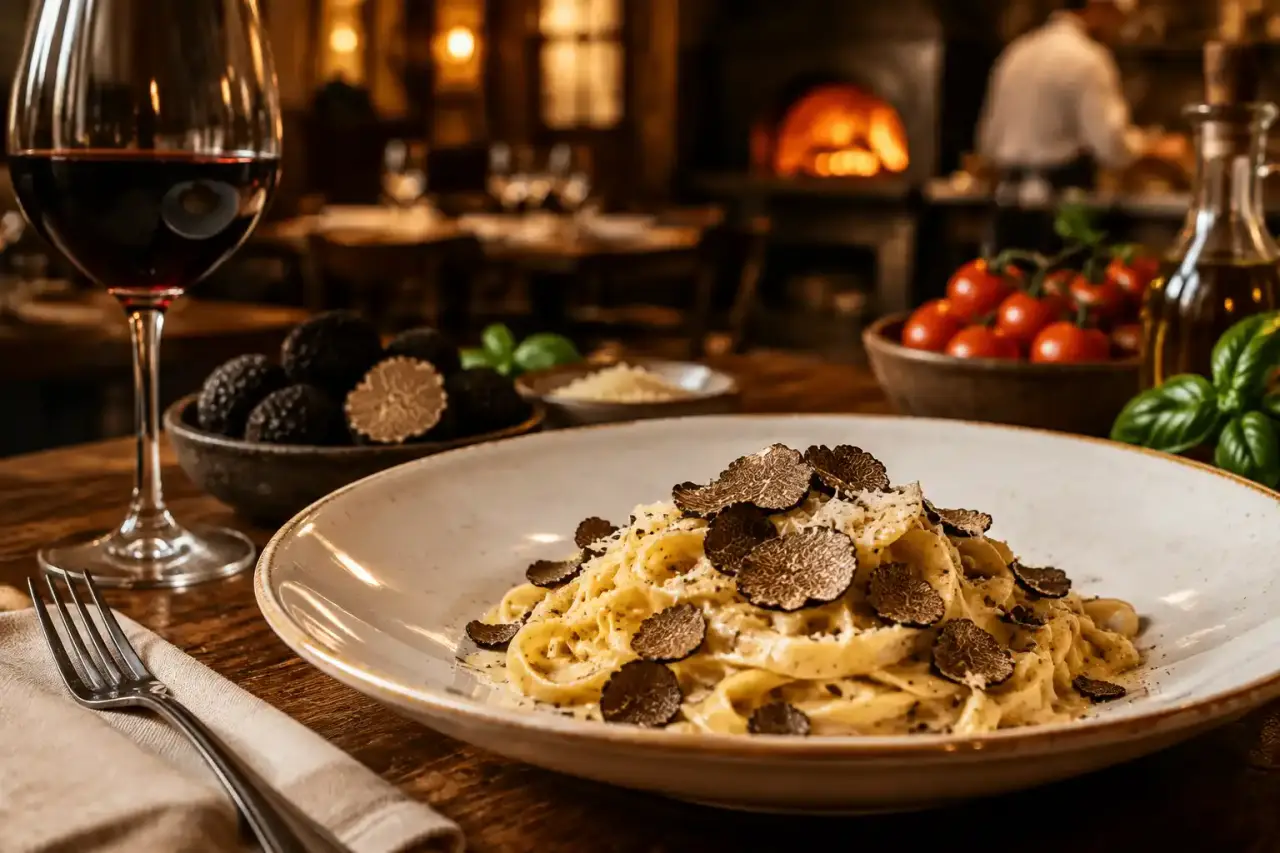 Table italienne raffinée avec pâtes fraîches et truffes