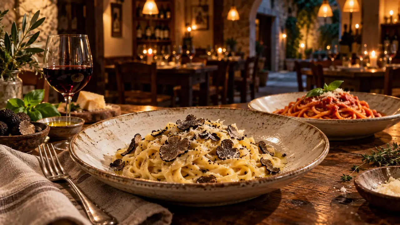 Assiette de pâtes fraîches artisanales, truffe noire et verre de vin rouge dans une trattoria italienne