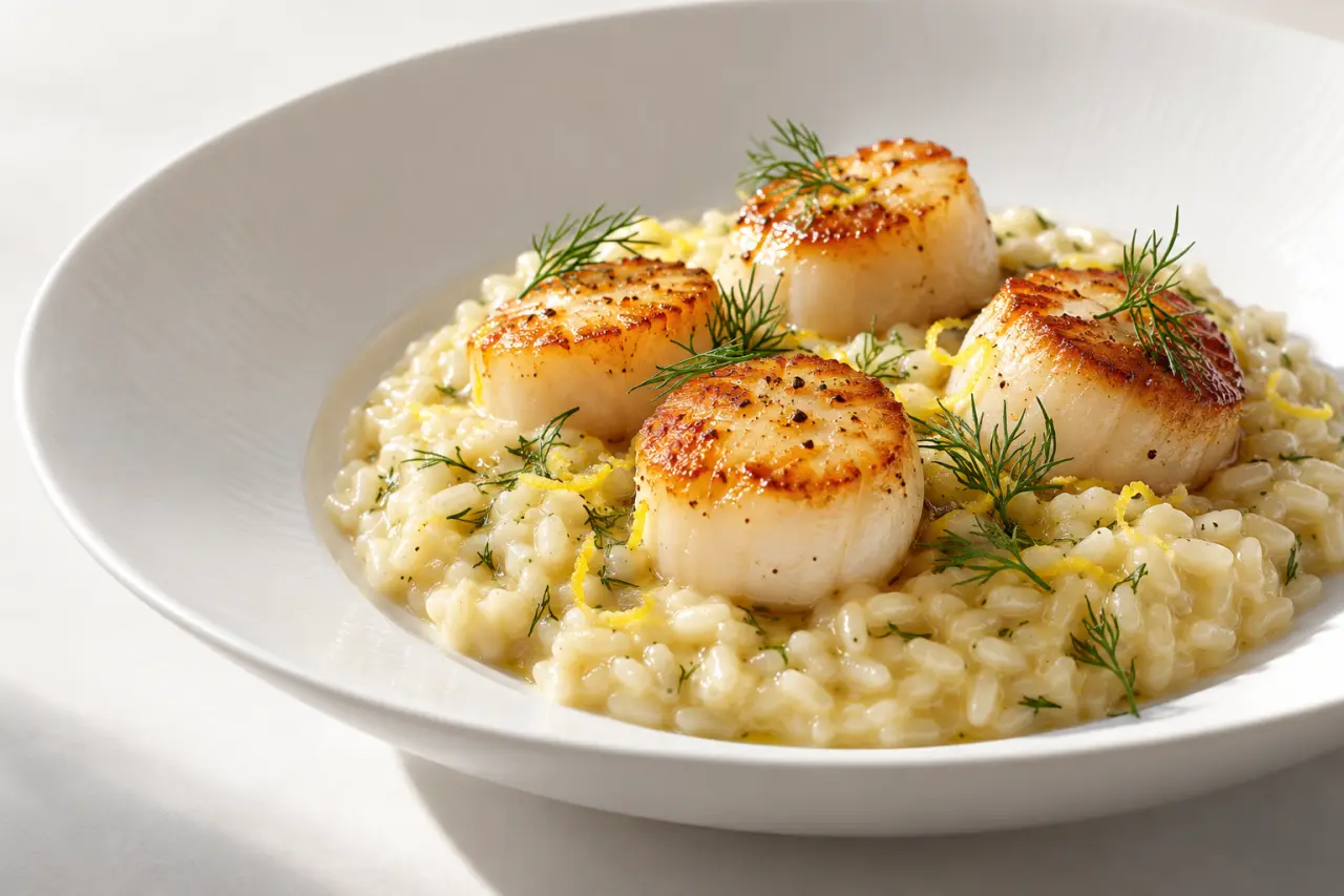 Risotto aux Saint-Jacques crémeux avec noix dorées, citron et aneth