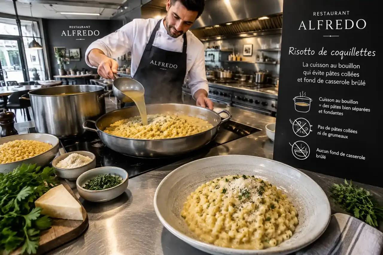 Risotto de coquillettes : la cuisson au bouillon qui évite pâtes collées et fond de casserole brûlé