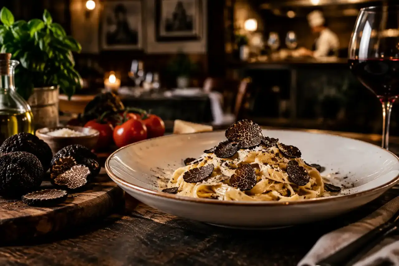 Tagliatelles fraîches à la truffe noire servies dans une assiette élégante